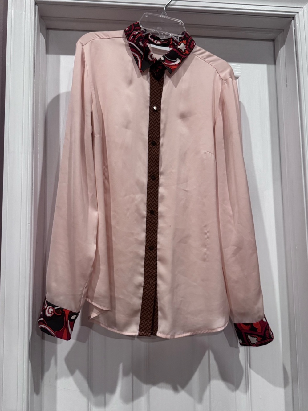 New York & Company Pale Pink Dress Shirt with Patterned Trim